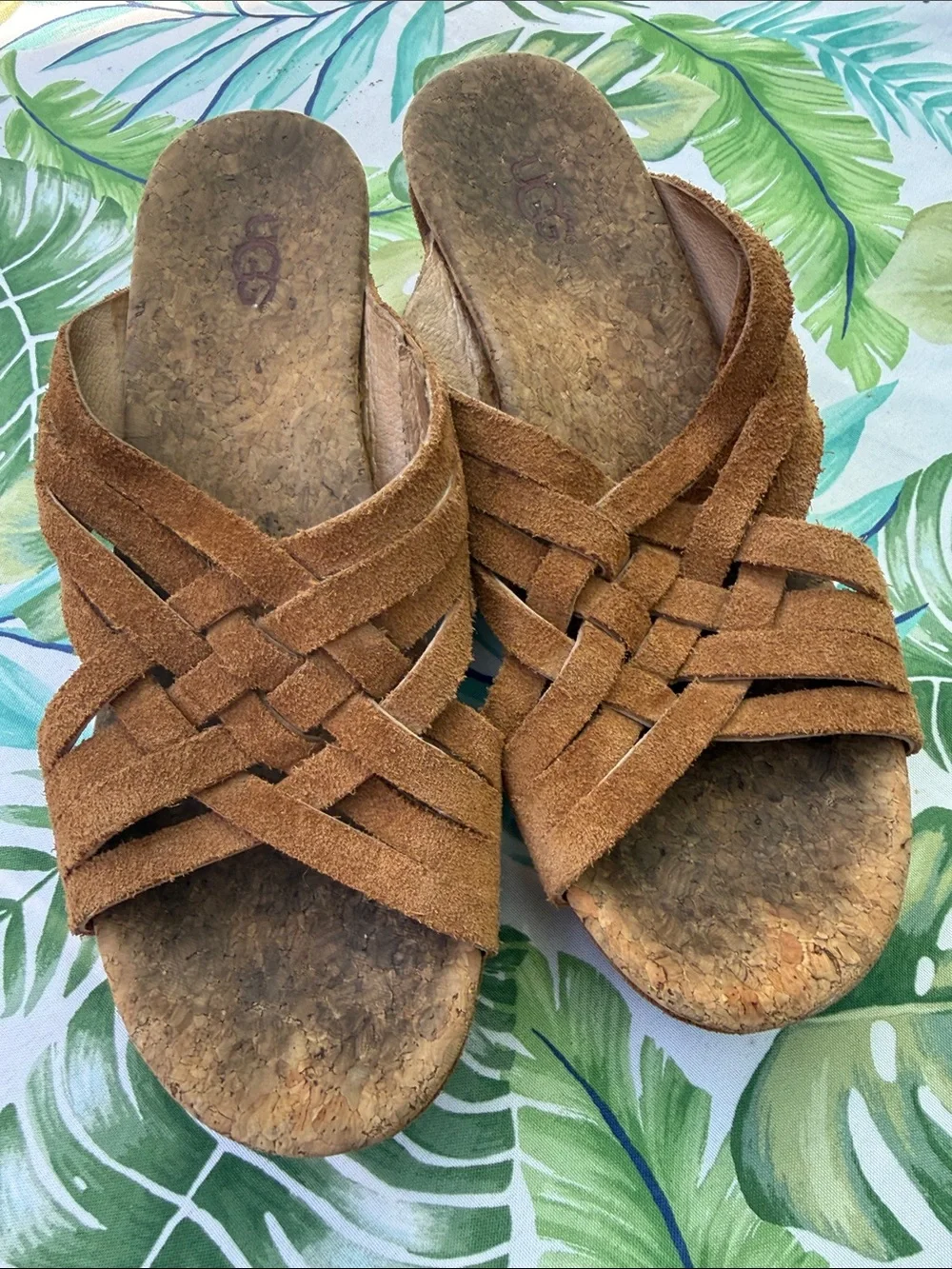 UGG cork wedge leather criss cross sandals sz 8 brown